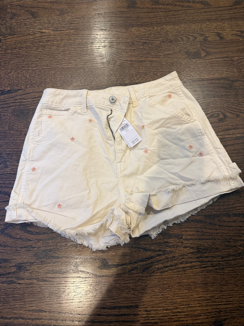 American Eagle Outfitters Cream Denim Shorts with Pink Embroidery